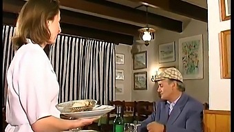 A French Brunette Enjoys A Threesome In A Restaurant, Watched By Papy Voyeur